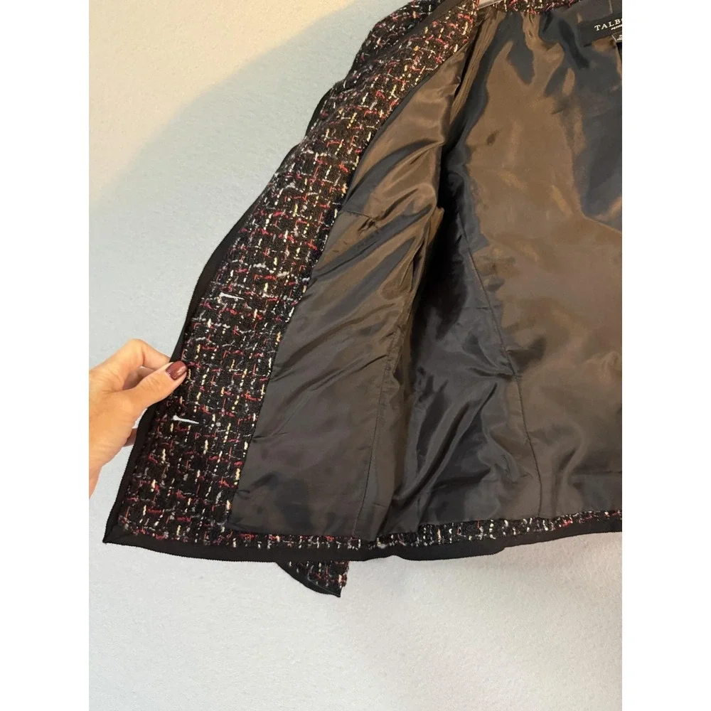 Talbots Blazer Jacket Womens 6P Black Tweed Button Front Pockets Collarless